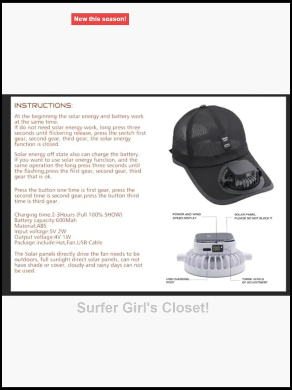 Solar Powered Baseball Cap with Fan, UV Protection Sun Hat, Adjustable